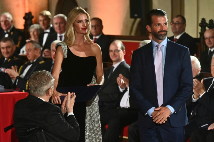 Czech President Milos Zeman hands former White House advisor, Ivanka Trump an award for her late mother Ivana in Prague