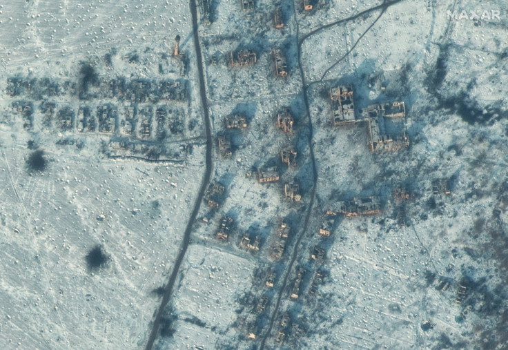A satellite view shows a destroyed school and buildings, in south Soledar
