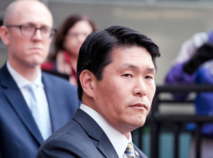 U.S. Attorney Robert Hur reacts during a news conference, in Baltimore