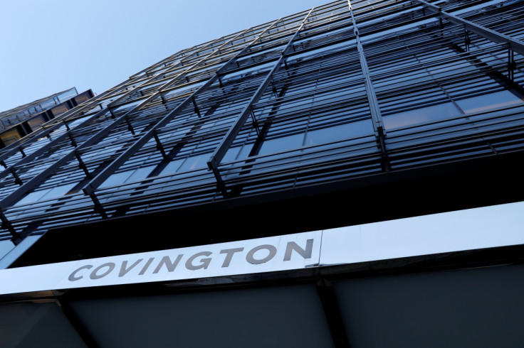 Signage is seen outside of the law firm Covington & Burling LLP in Washington, D.C.