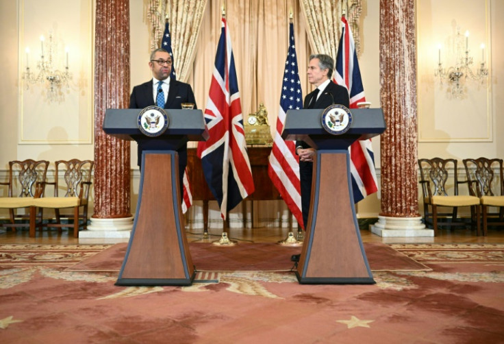 US Secretary of State Antony Blinken  and Britain's Foreign Secretary James Cleverly hold a joint press conference at the State Department