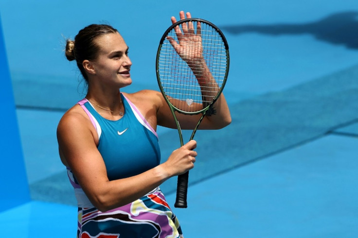 Aryna Sabalenka celebrates victory against Shelby Rogers