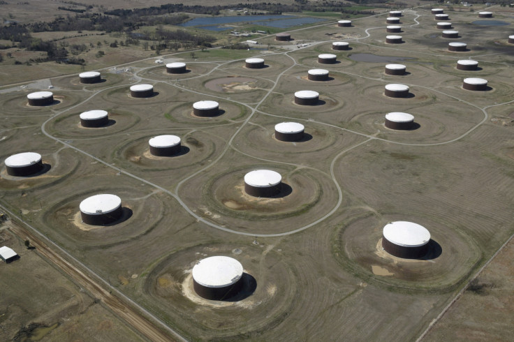 Crude oil storage tanks are seen from above at the Cushing oil hub in Cushing