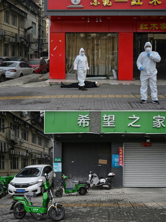 On January 30, 2020 officials in protective suits checked on a man who collapsed and died on a street in Wuhan (top). On January 23, 2023, a different store on the same street corner is closed for Lunar New Year (bottom)