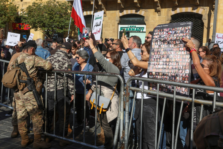 Families of the victims of the 2020 Beirut port explosion gather during a protest near the parliament building, in Beirut