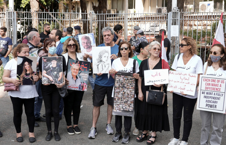 Relatives of some of the victims of the August 2020 port blast protest outside the Justice Palace, in Beirut