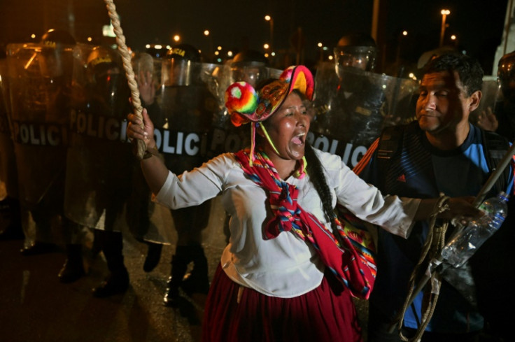 An Indigenous woman demands the resignation of President Dina Boluarte in Lima on January 23, 2023