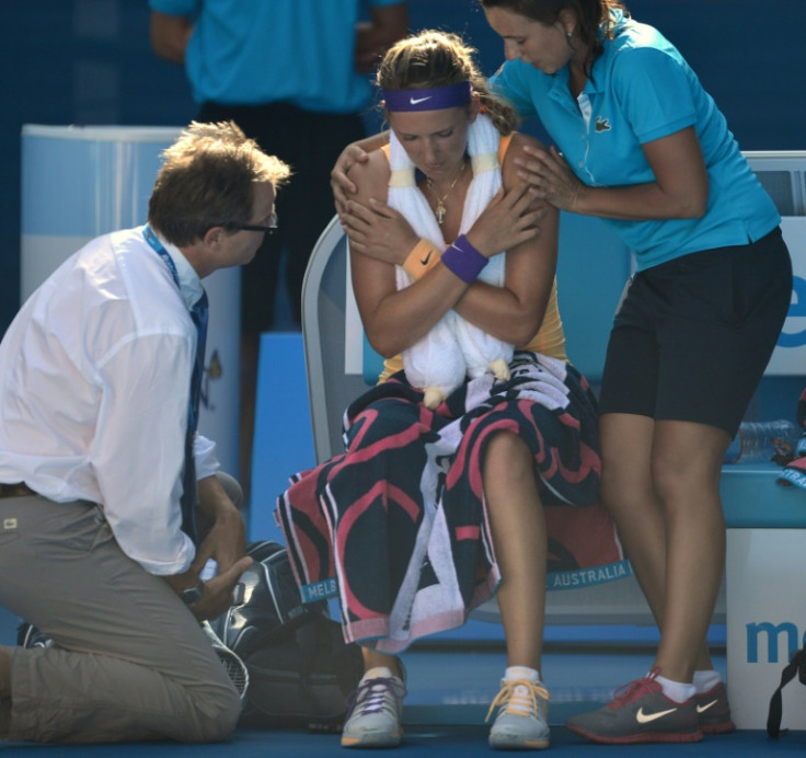 Victoria Azarenka is treated during a nine-minute medical timeout in her 2013 Australian Open semi-final.  "It was one of the worst things I have ever gone through in my professional career," she said