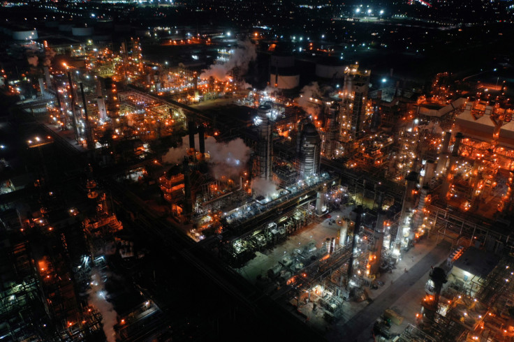 Nighttime view of oil refinery run by PBF Energy