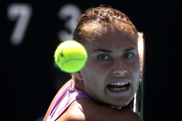 Aryna Sabalenka hits a return against Croatia's Donna Vekic