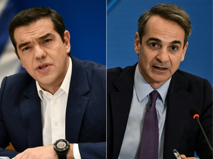 Alexis Tsipras (L), a former prime minister, accuses Prime Minister Kyriakos Mitsotakis (R) of being 'mastermind and chief behind this criminal network'