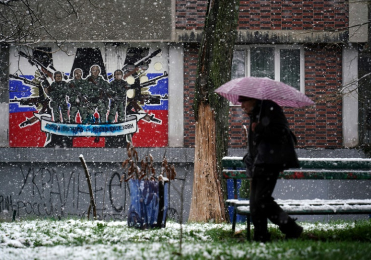 A Belgrade mural to the glory of Russia's mercenary group Wagner reading 'Wagner Group -- Russian knights'