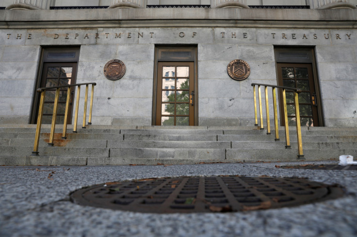 Signage is seen at the United States Department of the Treasury headquarters in Washington, D.C.