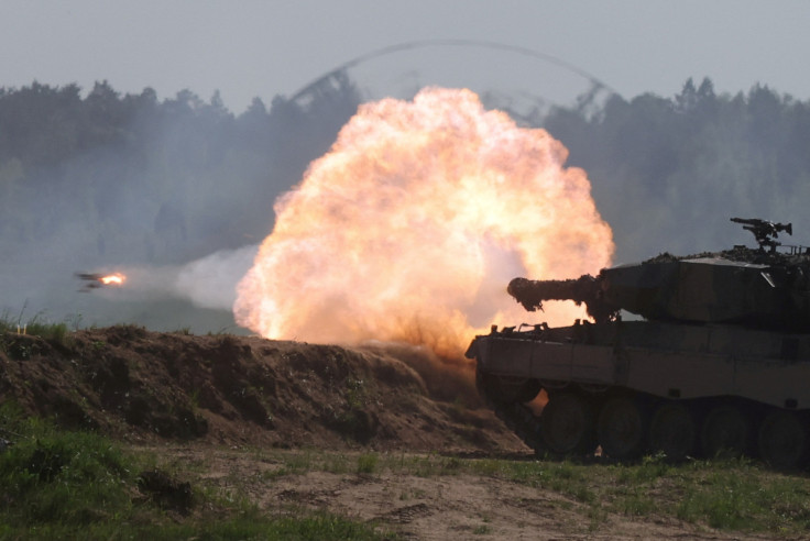 Polish Leopard 2PL tank fires during Defender Europe 2022 military exercise at the military range in Bemowo Piskie