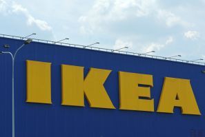 A view shows the logo of IKEA on a closed store in Kotelniki