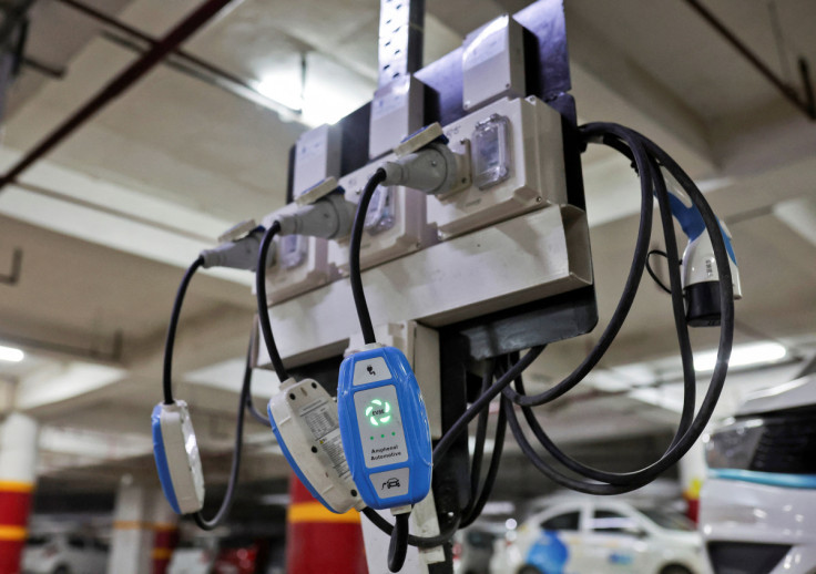 Electric chargers or smart chargers are seen at the charging hub of Indian ride-hailing BluSmart Electric Mobility in Gurugram