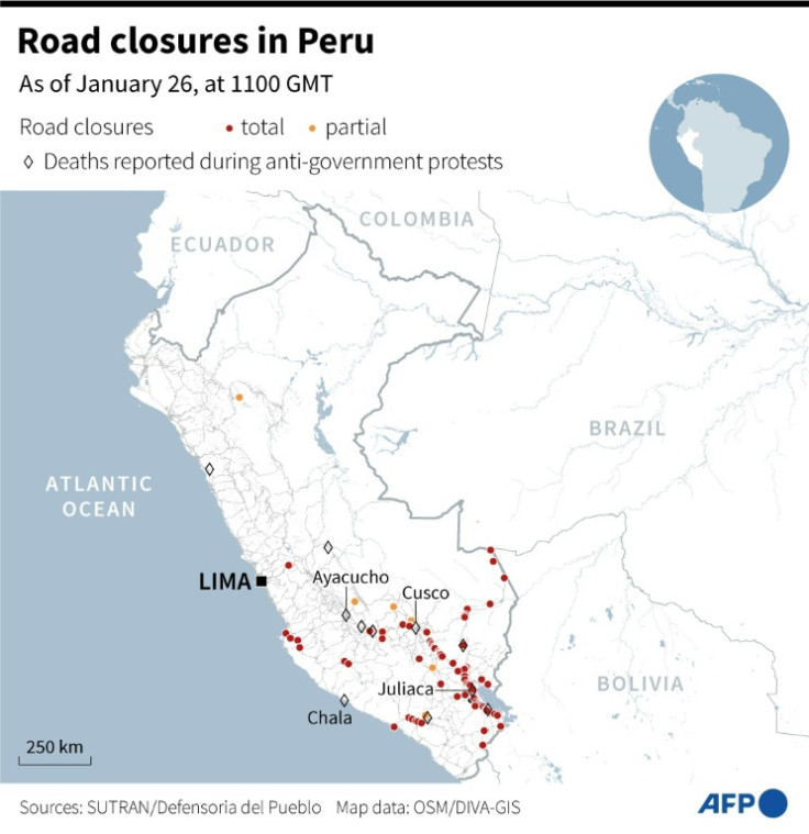 Map showing road closures in Peru as of January 26, 2023 at 1100 GMT as anti-government protests continue