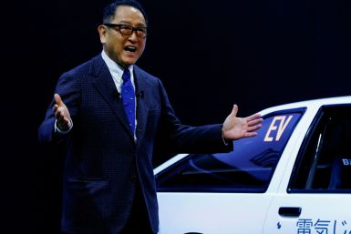 Toyota Motor President Akio Toyoda gestures at an event for Toyota GAZOO Racing and LEXUS