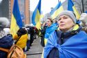 Ukraine supporters protest during meeting of EU foreign ministers in Brussels