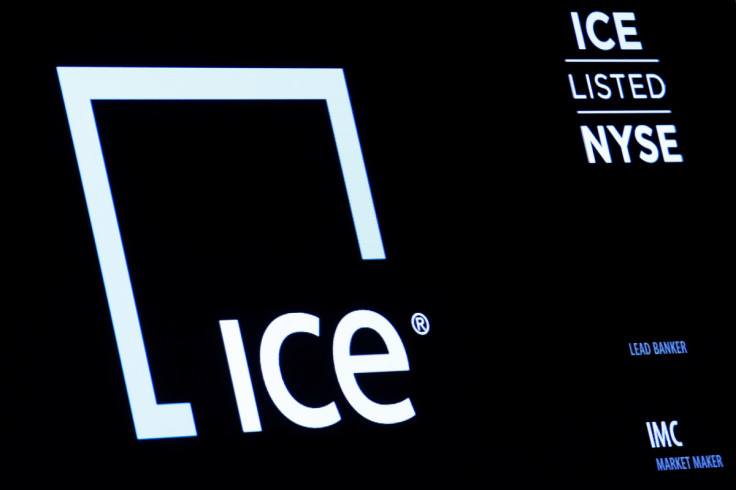 A screen displays the logo and ticker symbol for Intercontinental Exchange, Inc. on the floor of the NYSE