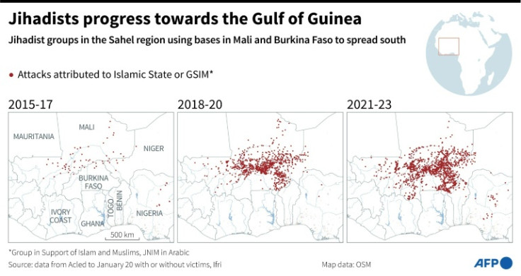 Graphic locating attacks by jihadist groups since 2015 in the southern Sahel countries and west of the Gulf of Guinea