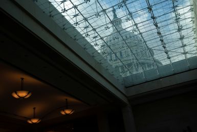The U.S. Capitol is seen through the roof of the House Visitors Center in Washington