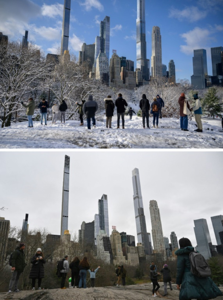 A combo of photos taken on January 7, 2022 (top) and January 13, 2023 (bottom) shows visitors standing at a viewpoint in Central Park in New York