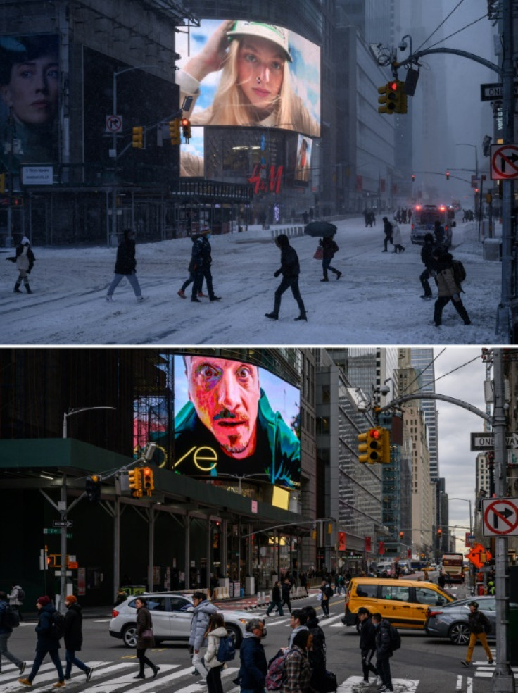 A combo of photos taken on January 29, 2022 (top) and January 26, 2023 (bottom) Times Square in snow and without the white stuff