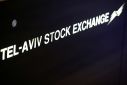 A Tel Aviv Stock Exchange sign is seen at the bourse in Tel Aviv
