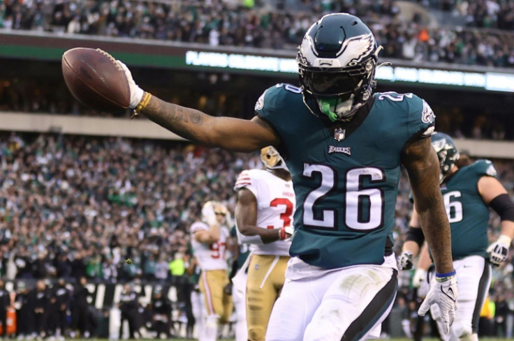 Philadelphia Eagles running back Miles Sanders celebrates the second of two touchdowns in victory over the San Francisco 49ers