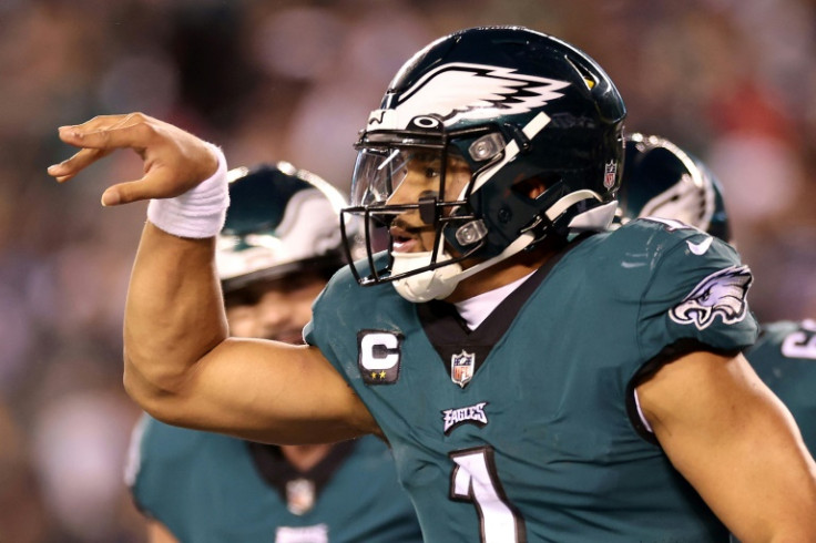 Philadelphia quarterback Jalen Hurts celebrates after scoring a touchdown in the Eagles' NFC Championship victory over the San Francisco 49ers