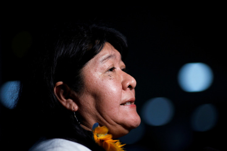 Indigenous Congresswoman Joenia Wapichana speaks with journalists after a meeting with the parliamentary front in defense of the rights of indigenous people in Brasilia