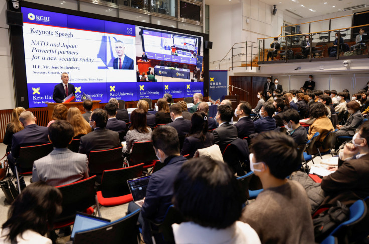 NATO Secretary General Jens Stoltenberg delivers a speech at Keio University in Tokyo
