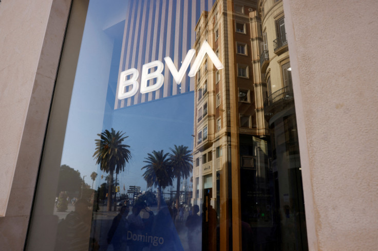 The logo of BBVA bank is seen on the facade of a BBVA bank branch office in Malaga