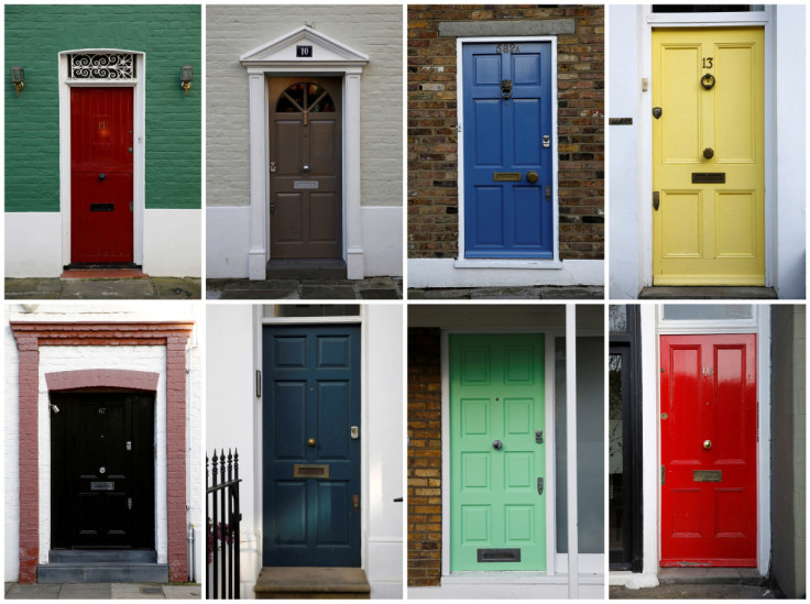 A combination of eight photographs shows eight separate house doors in London