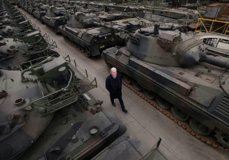 Dozens of German-made Leopard 1 tanks are seen in an hangar in Tournais