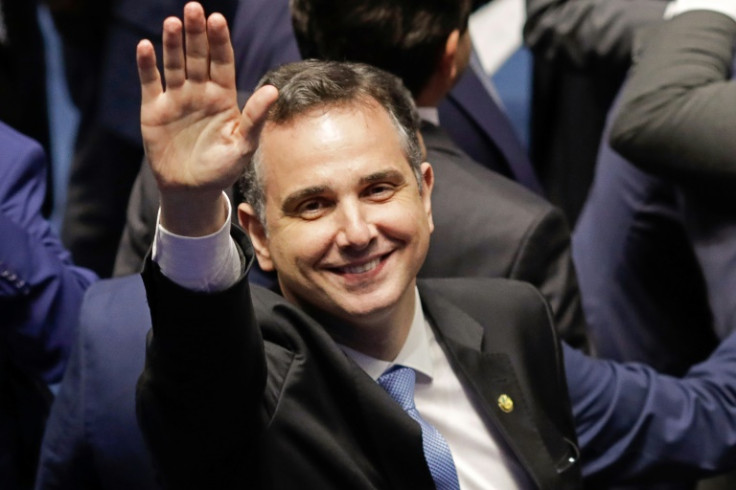 President of Brazil's Federal Senate, Rodrigo Pacheco, gestures during the swearing-in ceremony of the new Brazilian senate at the Federal Senate plenary in Brasilia on February 1, 2023
