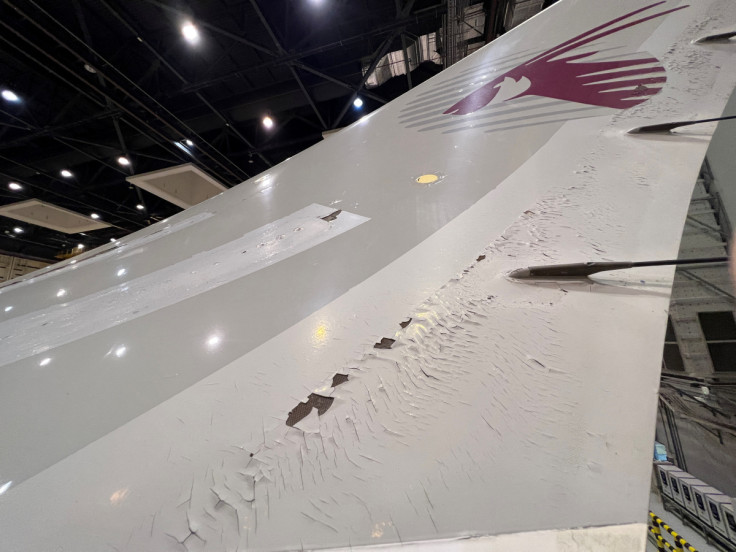 Surface damage seen on Qatar Airways' airbus A350 parked at Qatar airways aircraft maintenance hangar in Doha