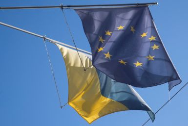  Flag of EU flies next to Ukraine's national flag in Bern