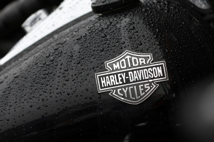 The logo of Harley-Davidson is seen on a motorcycle at a dealership in Queens, New York City