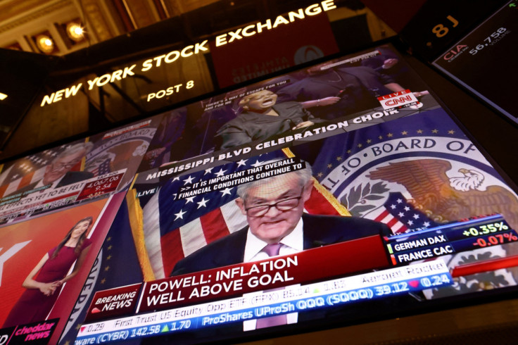 Federal Reserve Chair Jerome Powell interest rate announcement on the trading floor at New York Stock Exchange (NYSE) in New York City