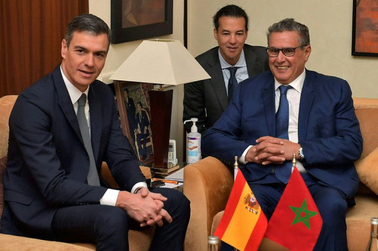 Spain's Pedro Sanchez, left, met his Moroccan counterpart Aziz Akhannouch in Rabat for the first high-level meeting since 2015