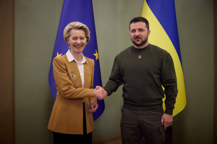 Ukraine's President Zelenskiy and European Commission President von der Leyen pose for a picture ahead of EU summit in Kyiv