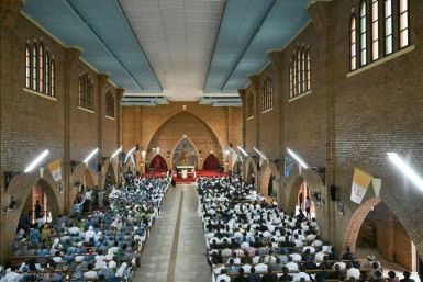 Pope Francis held a prayer meeting with the clergy and  seminarians at Kinshasa's Notre Dame Du Congo Cathedral