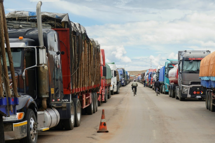 Some 300 trucks were backed up at a key border point between Peru and Bolivia on February 2, 2023, as ongoing strikes clogged roads