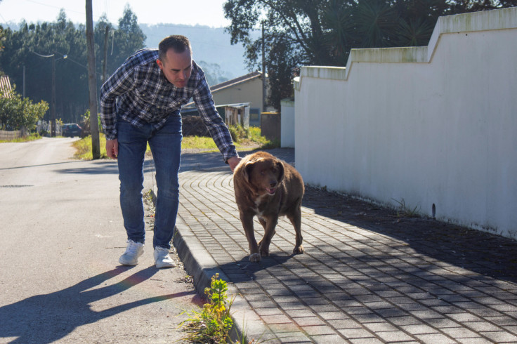 Leonel Costa walks the dog, Bobi, that broke the record for oldest dog ever at 30 years-old, at Conqueiros, in Leiria