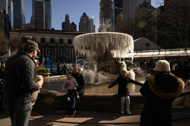 A fountain in New York's Bryant Park is frozen over on February 4, 2023