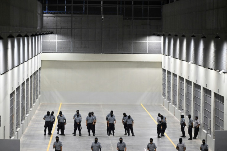 Guards line up in El Salvador's new maxi-prison; no date has yet been set for the facility's opening