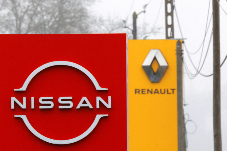 Logos of car manufacturers Nissan and Renault in Etampes