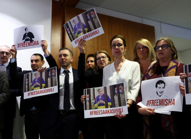 Members of the EU Parliament stage a protest in support of Georgia's jailed ex-President Mikheil Saakashvili in Brussels